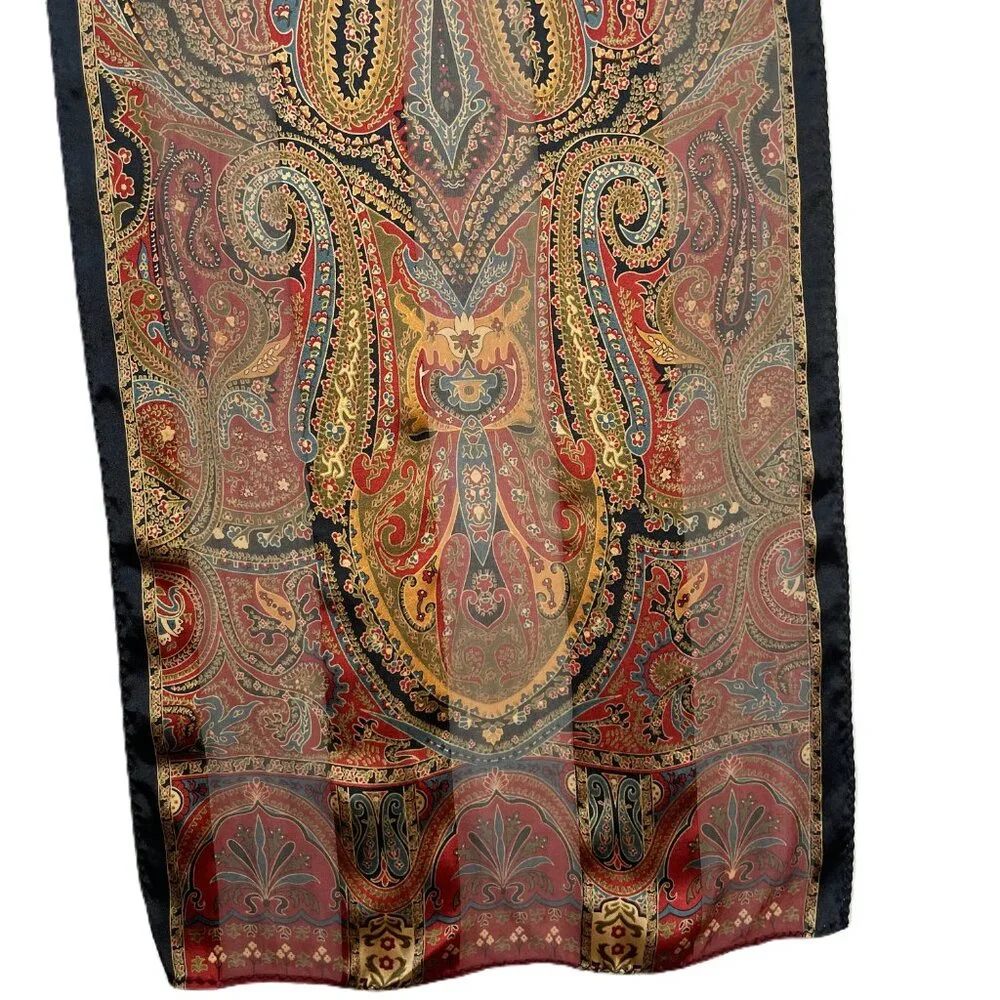 Echo Silk Scarf Paisley Oblong Rectangle 54"x11" Maroon Red Blue Taupe Black - Picture 8 of 10